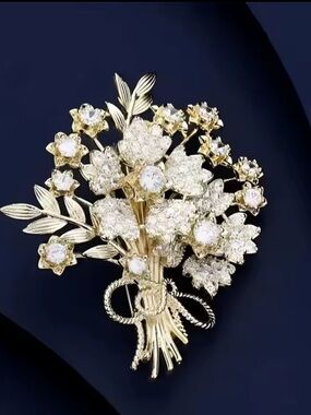 Gold-tone Floral Bouquet Brooch with Clear Crystal Accents